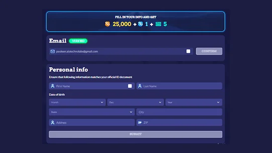 Personal Information Form for Sweepstakes Sign-up Screen user registration form