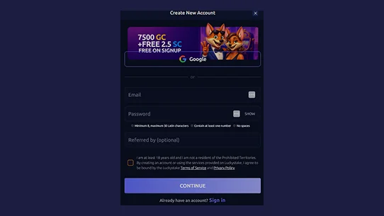 Create Account for Sweepstakes Casino App Screen sweepstakes casino app account creation