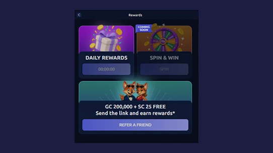 Sweepstakes Casino Rewards Page Screen sweepstakes rewards page